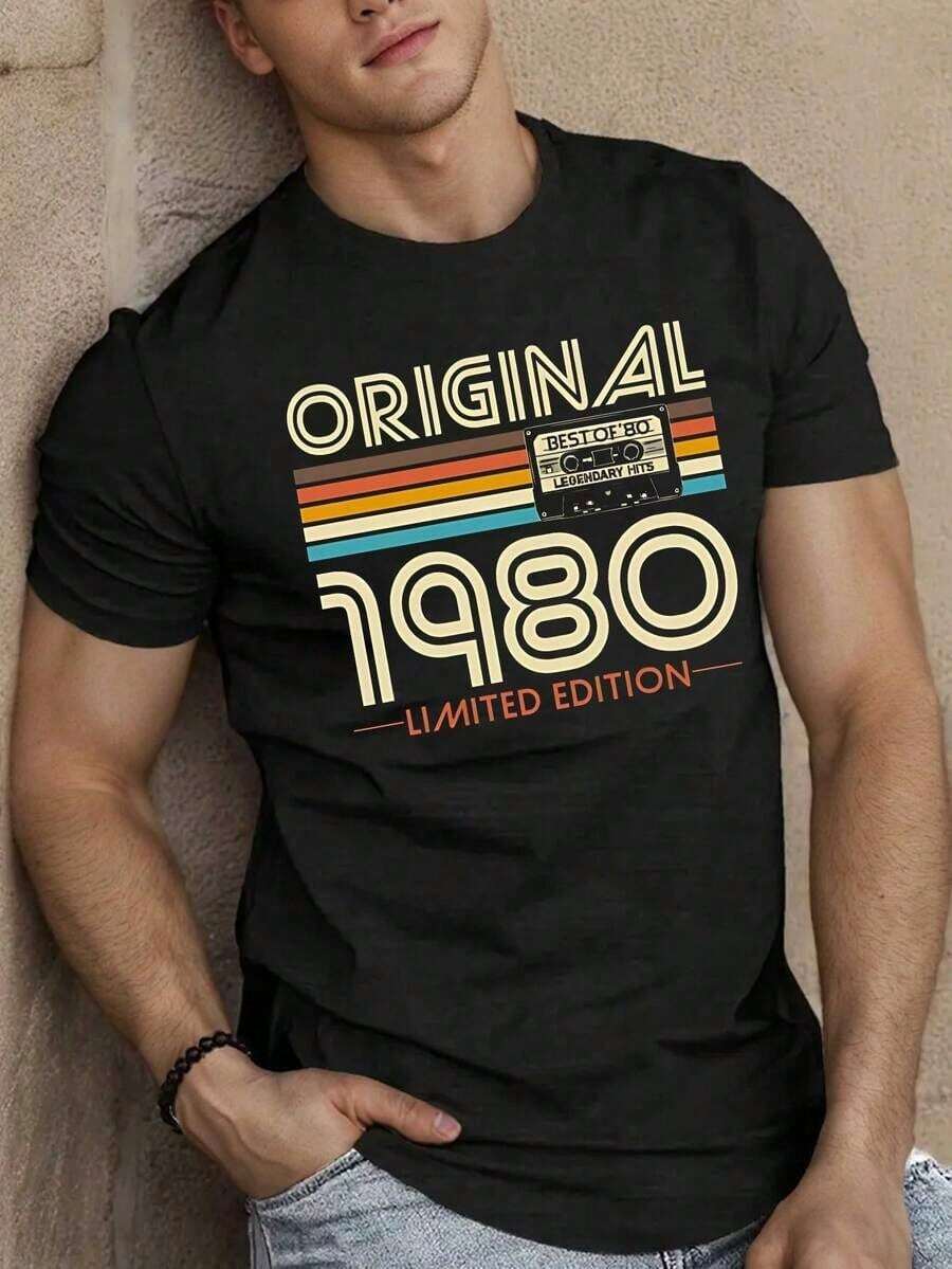 Retro Cassette Tape Graphic T-Shirt, Original Limited Edition 1980 - Vintage 80s Style Crew Neck T-Shirt, Super Soft, Breathable, Casual Top - Perfect Birthday, Anniversary Gift, 180g - 黑色 - 查看 1