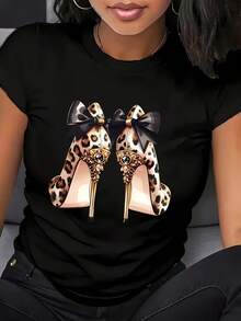 Women's T-Shirt With Leopard Print Heels And Black Bow, Short Sleeve, Round Neck, Fashionable Casual Aesthetic Top For Young Women - 黑色 - 查看 7