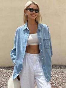 Blusa de mezclilla de manga larga y cuello vuelto holgada para mujer, chaqueta de mezclilla, ropa de mujer para otoño - Azul - Ver 3