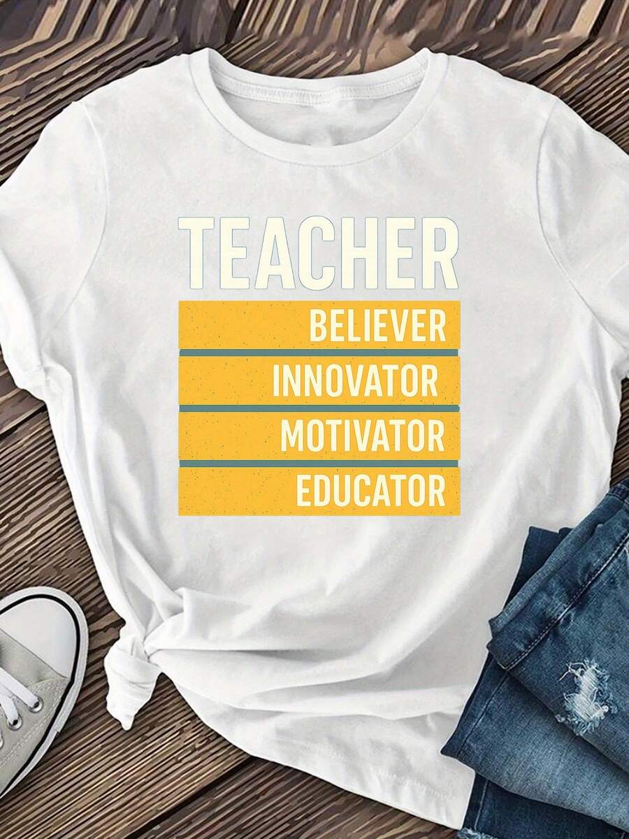Women's Short Sleeve T-Shirts With Teacher's Day Theme, Regular Length, Women's Clothing, Short Sleeve Crew Neck T-Shirts, Casual Short Sleeve T-Shirts - 白色 - 查看 1