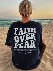 "Faith Over Fear" Double Print T-Shirt - Short-Sleeve Crew Neck Pure Cotton T-Shirt,  Holiday Style, A Daily Essential. Holiday Outfits, Simple Retro Street Style Top. Everyday Campus Wear For Men And Women - Comfortable Loose Fit Cotton Vintage Street Style T-Shirt - 海軍藍 - 查看 9