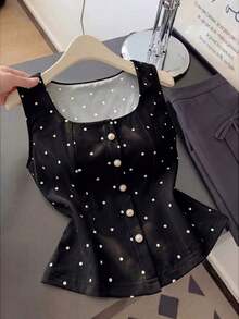 Top de verano elegante y vintage para mujer con decoración de lunares y perlas - Negro - Ver 5