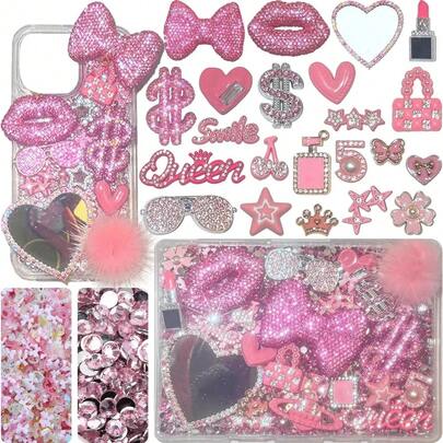 Pink Junk Case Charms Kit, Junks Phone Cases With Rhinestone Accessories And Full Diamond Bow Lips Dollar Sign Pom Resin Kits Mirror With DIY Phones Decorations