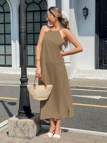 Vestido casual de vacaciones de corte moderno, de cuello halter, cruzado y con nudo en la espalda - Caqui - Ver 6