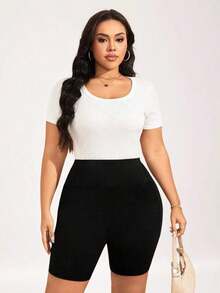Pantalones cortos tipo ciclista de talle alto básicos y casuales de color negro para uso diario en tallas grandes - Negro - Ver 4