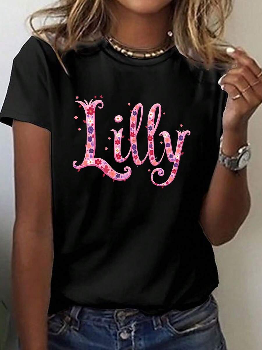 Camiseta con Estampado Decorativo de Flor de Lirio 2026, Top Casual de Manga Corta y Cuello Redondo, Camiseta de Mujer para Primavera/Verano - Negro - Ver 1