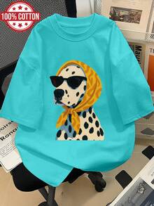 Women's Spring/Summer Clothing, Hand-Painted Style, Dalmatian Print, Scarf, Fashion Sunglasses, Modern, Loose Fit, Short Sleeve, Round Neck, Printed, Oversized Off-Shoulder T-Shirt, SuK - 西安 - 查看 6