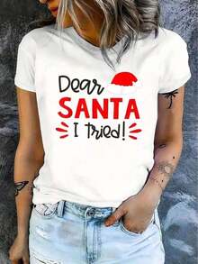 Women's Casual Christmas T-Shirt, Short Sleeve, 1 Piece, 100% Heavy Cotton - Comfortable Round Neck, Soft And Adorable Loose And Comfortable T-Shirts - 白色的 - 查看 2