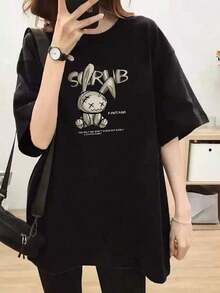 Women's Short-Sleeved T-Shirt, Rabbit Print Design, Round Neck, Casual, Versatile, For Young Girls, Black Color, Spring/Summer. - 黑色 - 查看 6
