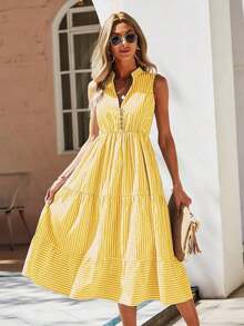 Vestido largo de línea A con cuello en pico y estampado de rayas, atuendo de vacaciones y playa para mujeres - Amarillo - Ver 7