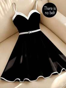 Vestido mini de línea A que estrecha la cintura, vestido de tirantes retro de color contrastante francés - Blanco y Negro - Ver 3