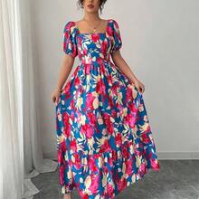 Elenzya Floral Print Waist Defined Puff Sleeve Square Neck Women Dress - Amarillo - Ver 8