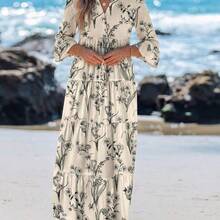 Casual Floral Pattern V-Neck Long Sleeve Pleated Dress For Women, Suitable For Autumn Blue And White Floral Dress Chic Dress,Vacation - Beis - Ver 5