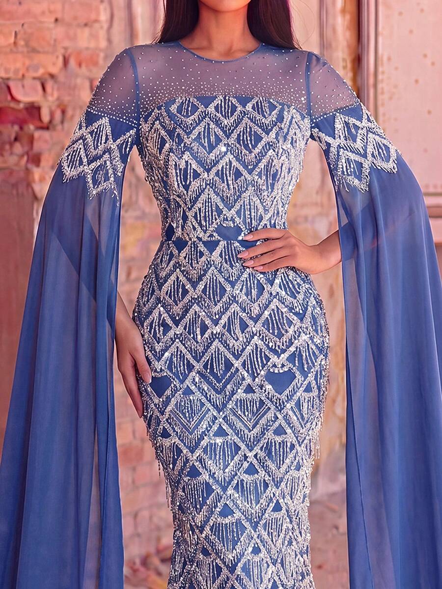 Faeriesty Đầm dạ hội nữ cổ tròn đính sequin, tay dài kiểu áo choàng, chân váy đuôi cá màu xanh thanh lịch với chi tiết tua rua và khóa kéo.