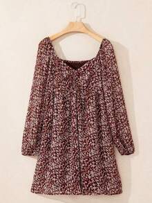 Acelitt Vestido de manga farol con frente fruncido y parches con estampado floral diminuto, elegante para vacaciones de primavera - Burdeos - Ver 6
