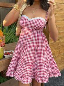 Vestido de mujer retro francés de cuadros rojos con tirantes finos, nuevo diseño de primavera temprana con encaje, versátil, dulce y elegante con capas - Burdeos - Ver 7