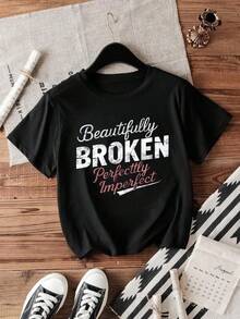 Camiseta unisex de manga corta, Hermosa Camiseta: Camiseta casual de manga corta para mujer - "Estoy bellamente rota, perfectamente imperfecta"| Round Neck, Machine Washable Black Summerplayeras hombre,spiderman,, mujer,romwe men,boho chic,maestras regalos,camiseta para mujerconjuntos curvy para mu,y2k, - Negro - Ver 1