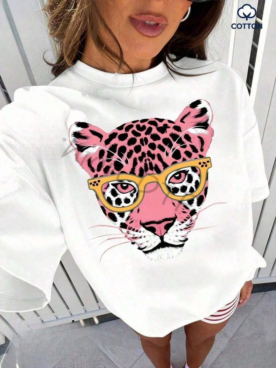Glasses With Yellow Frame And Pink Leopard Print, With Cheetah Head Print, Regular Fit T-Shirt, 100% Cotton, 180 Grams, Suitable For Casual Wear, Outdoor Outings, Sports, Holidays, Gifts And Other Occasions. - 白色 - 查看 1
