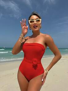 Nuevo traje de baño de una pieza multiuso con tirantes ajustables y bikini con estampado floral. - Rojo - Ver 11