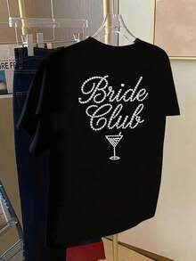 Women's Casual Short-Sleeved T-Shirt With Front And Back Print, Summer Essential, Bridal And Club Design, Round Neck - Women's Clothing, Comfortable Fit, Classic Design. - 黑色 - 查看 2