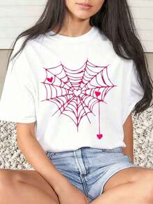 1 Piece Women's T-Shirt With Heart And Spiderweb Print For Valentine's Day, Casual, Round Neck, Short Sleeve, Soft And Comfortable, 220g/180g 100% Cotton - 白色 - 查看 1