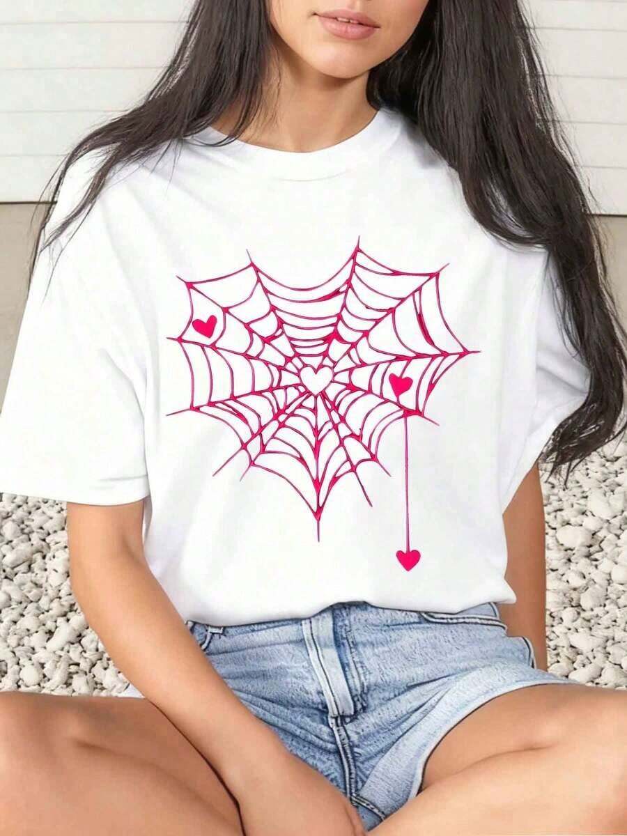 1 Piece Women's T-Shirt With Heart And Spiderweb Print For Valentine's Day, Casual, Round Neck, Short Sleeve, Soft And Comfortable, 220g/180g 100% Cotton - 白色 - 查看 1