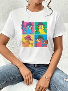 Figura colorida que muestra un divertido personaje con sombrero en cuatro expresiones de valentía y humor simbolizando energía positiva y espíritu aventurero camiseta de mujer  casual cómoda para uso diario - Blanco - Ver 1