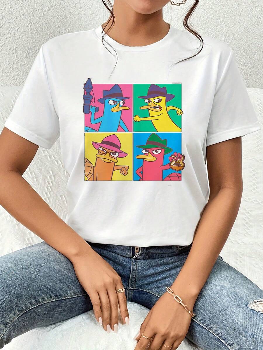 Figura colorida que muestra un divertido personaje con sombrero en cuatro expresiones de valentía y humor simbolizando energía positiva y espíritu aventurero camiseta de mujer casual cómoda para uso diario - Blanco - Ver 1