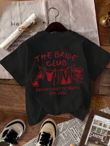 Camiseta de Mujer con Estampado de Fiesta de Solteras Bride Club, Camiseta Casual de Manga Corta con Cuello Redondo para Mujer, Adecuada para Vacaciones y Uso Diario - Camiseta Vintage de Estilo Urbano Unisex de Algodón Suelto con Cuello Redondo y Manga Corta, blusas para mujer. blusas.blusas casuales para dama. - Negro - Ver 2