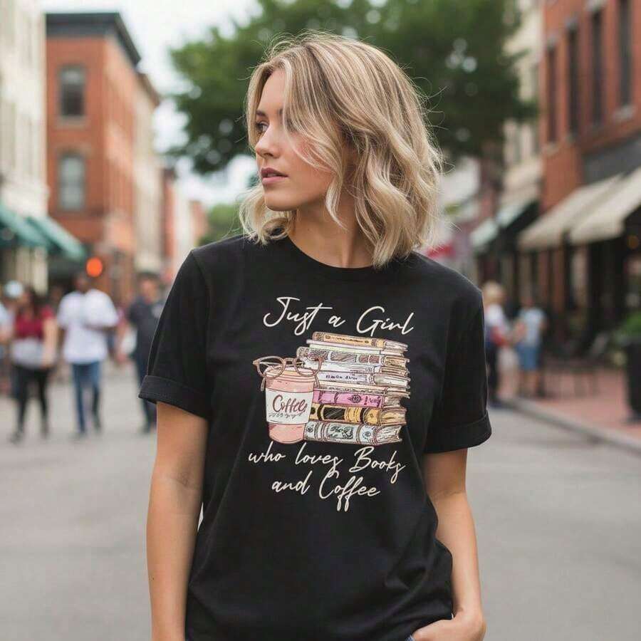 Women's Pure Cotton T-Shirt With Graphic Print "Just A Girl Who Loves Books And Coffee", Short Sleeve, Round Neck, Casual Top For Everyday Wear, Sizes S-5XL, Soft And Breathable Fabric, Gift T-Shirt For Coffee And Literature Lovers, Classic White Basic T-Shirt For Book Lovers, Suitable For Spring, Summer And Autumn. - 黑色 - 查看 1