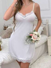 Camisón de pijama con tirantes y adorno de encaje para mujeres - Blanco - Ver 3