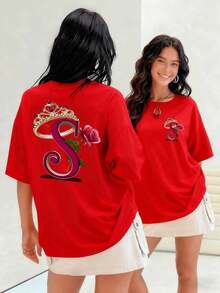 Letra S adornada con una corona dorada y una rosa roja pasión simboliza la realeza del amor camiseta para mujer, 100% algodón que evoca la belleza y el poder femenino.Suitable for spring, summer and autumn - Rojo - Ver 7