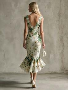 Moda retro impresión verde falda Midi blanca sin mangas de cuello V con volantes - Verde - Ver 5
