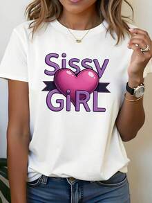 Camiseta de mujer con la inscripción " IRL" en morado y un gráfico de corazón rosa, camiseta blanca de manga corta con cuello redondo y estampado - Lavable a máquina, adecuada para primavera, verano y otoño, estilo casual, ajuste cómodo, diseño moderno, versátil para el uso diario. YI3Z - Blanco - Ver 1