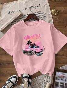 Pink Classic Car And Sunset Palm Tree T-Shirt, Fashionable Short-Sleeved T-Shirt For Spring And Summer 2026, Made In Mexico, 180 Grams. Cartoon Print, Couple Design, Suitable For Indoor Or Outdoor Wear. Crew Neck, Unisex, Ideal For Office And Leisure. One-Pack. - PK-P631577SLNDXZGY502 - 查看 4