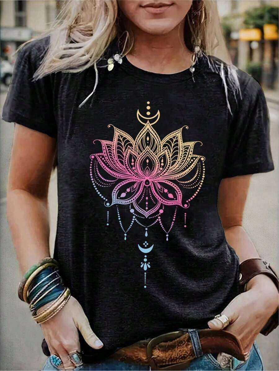Women's Short-Sleeved T-Shirt, Casual Loose Fit, With Lotus Floral Print And Round Neck, Suitable For Summer, Casual And Leisure. - 黑色 - 查看 1
