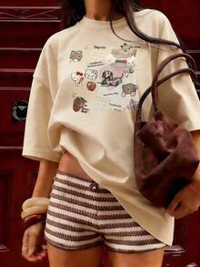 Camiseta con Collage de Personajes Lindos y Elementos Scrapbook,Camiseta de manga corta de moda para primavera y verano de 2026, hecha en México, 180 gramos. Estampado de dibujos animados, modelo de pareja, apta para uso interior o exterior. Cuello redondo, unisex, ideal para oficina y ocio. Paquete de una pieza. - APR-P631577SLNDXZGY506 - Ver 4