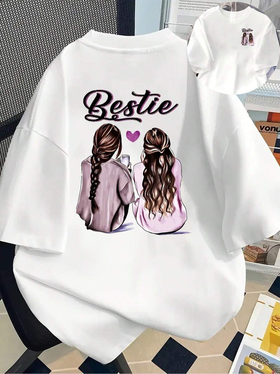 180g Cotton Short-Sleeved T-Shirt - Short-Sleeved T-Shirt With Front And Back Print - For Best Friends, Girlfriends - Fashionable Printed T-Shirt For Women, Spring/Summer, Your Best Choice! - Unisex Style. - 白色 - 查看 1
