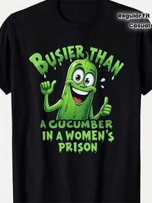 Plus Size - Plus Size - Funny Graphic T-Shirt "Busier Than Cucumbers In Women's Prison" - Unisex Casual Short Sleeve Crew Neck T-Shirt With Cute Cucumber Character Design, Eye-Catching Green Slogan, Regular Fit, Ideal For Everyone - 黑色 - 查看 1