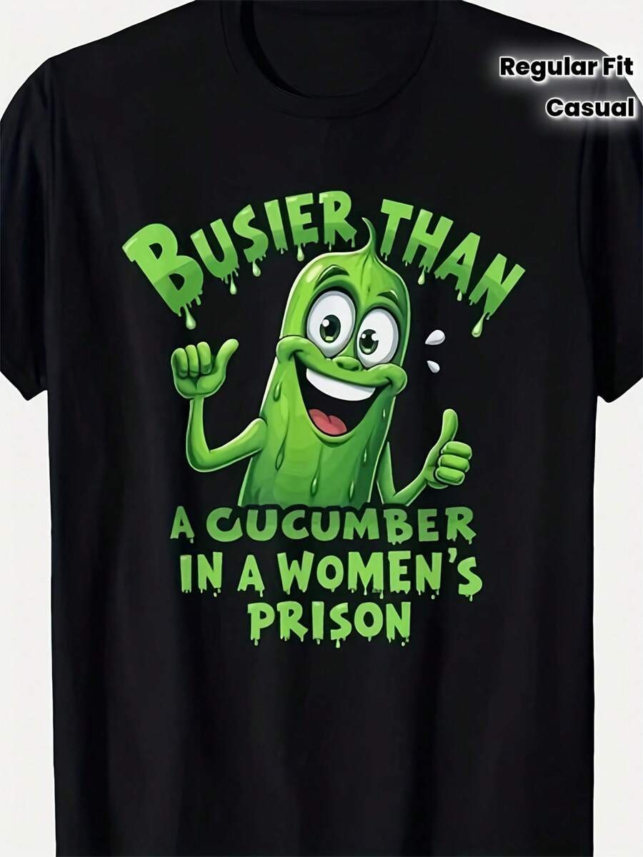 Plus Size - Plus Size - Funny Graphic T-Shirt "Busier Than Cucumbers In Women's Prison" - Unisex Casual Short Sleeve Crew Neck T-Shirt With Cute Cucumber Character Design, Eye-Catching Green Slogan, Regular Fit, Ideal For Everyone - 黑色 - 查看 1