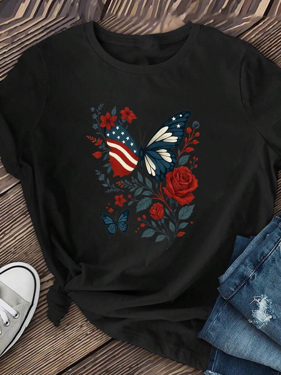 [Fashionable Butterfly T-Shirts] Butterfly-Inspired American Fashionable Women's T-Shirts | Summer Clothing, Regular Length, Patterned Printed Round-Neck - 黑色 - 查看 1