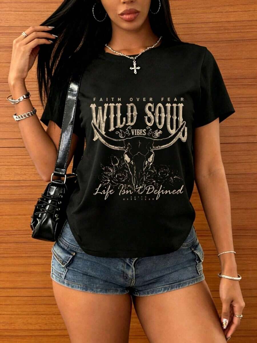 New Season Products Oversized T-Shirts Limited Time Offer Funny T-Shirt Funny T-Shirts Minimalist Pure Cotton Women's T-Shirt, Simple And Attractive Pattern Print, Short Sleeve Crew Neck T-Shirt, Fun Summer Street Style, Surprise Gift For Family And Friends. TTCD - 黑色 - 查看 1