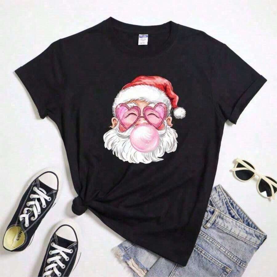 Retro Summer T-Shirt With Santa Claus Blowing Bubbles, Christmas Gift T-Shirt, Funny Winter T-Shirt With Santa Claus - 黃色 - 查看 1