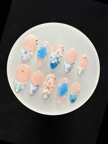 Handmade Press On Nails, 10Pcs Blue Pink 3D Flower Fake Nails With Water Drop & Lace Art, Oval Acrylic Nails, Reusable False Nails For Daily/Party/Travel - Blue - View 10