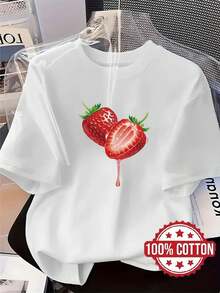 TH430 New Women's T-Shirt, Strawberry Print, Fashionable Casual T-Shirt, 100% Round Neck, Short Sleeve, Sweat Absorbent And Breathable, Comfortable And Stylish Casual Home Wear, Versatile Short Sleeve T-Shirt For Spring, Summer And Autumn. - 白色 - 查看 8