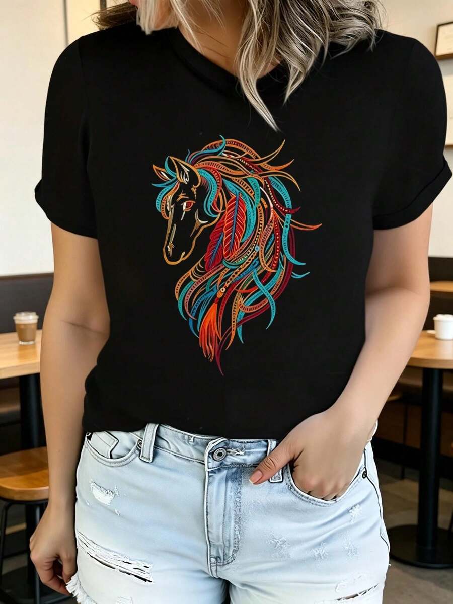 Women's Soft Printed Short Sleeve Summer T-Shirt With Eagle Design, Stylish And Casual, Machine Washable, Comfortable Fit, 2D Flat Print, Elegant Blouses For Women. - 黑色9 - 查看 1