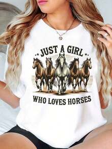 Graphic Horse Print Crew Neck T-Shirt, Short Sleeve Letter Print T-Shirt For Women, Suitable For All Seasons, 100% Cotton Women's T-Shirt. - 白色 - 查看 12