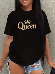 Elegant White Short Sleeve T-Shirt With Gold Crown Design "Queen" | Soft Blend, Round Neck, Casual Summer Top For Women, Ladies' T-Shirts. - 黑色 - 查看 7
