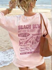 Camiseta Casual de Manga Corta con Cuello Redondo y Estampado de Ondas, Flores y Letras de Tiburón para Mujer, Primavera y Verano, Moderna y Versátil para Vacaciones - Rosa - Ver 1
