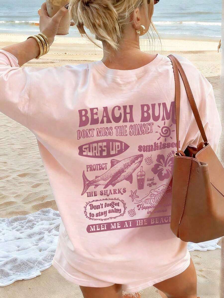 Camiseta Casual de Manga Corta con Cuello Redondo y Estampado de Ondas, Flores y Letras de Tiburón para Mujer, Primavera y Verano, Moderna y Versátil para Vacaciones - Rosa - Ver 1